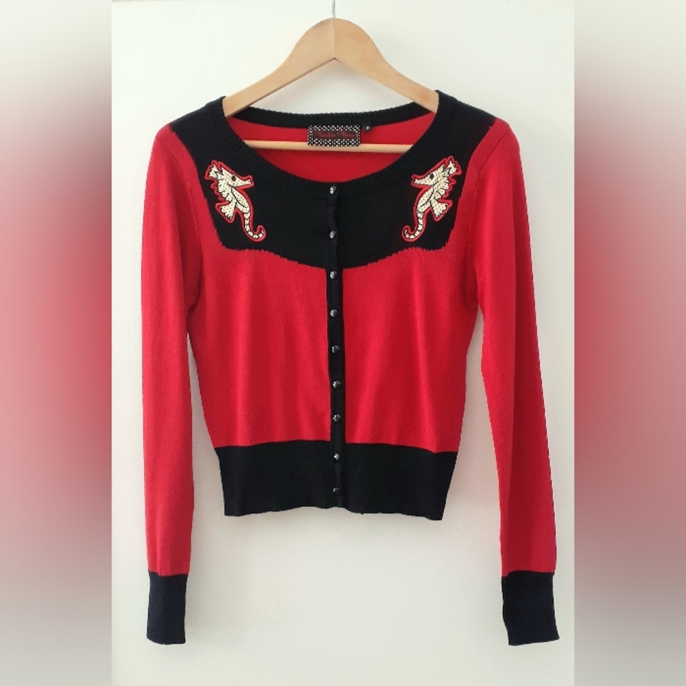 Voodoo Vixen~Red Nautical Seahorse Cardigan Sweater